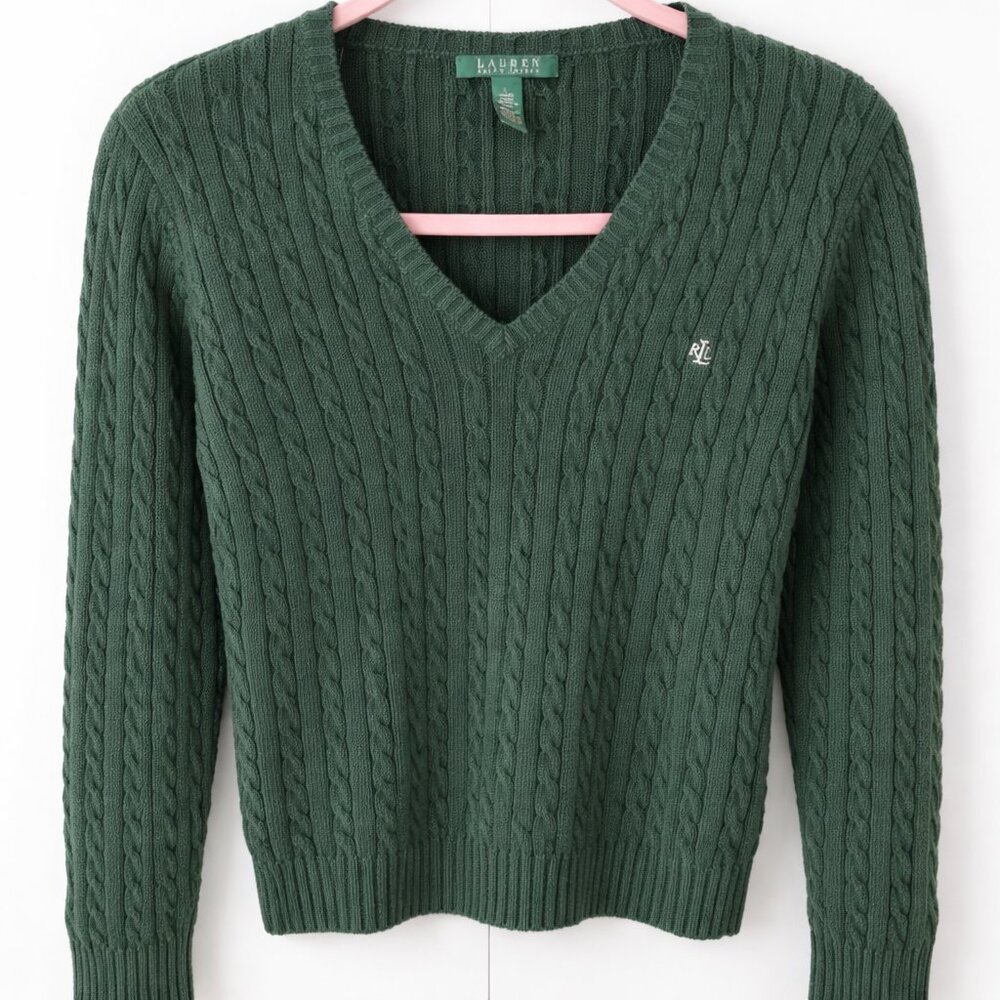 💚 Lauren Ralph Lauren Forest Green Cable-Knit V-Neck Women’s Sweater 💚 - Picture 2 of 10